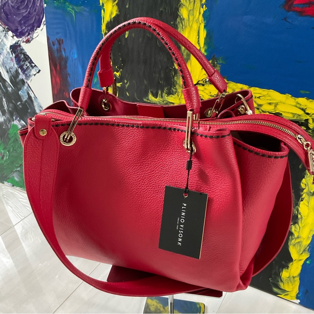 PLINIO VISONA Red Double Handle Leather Satchel with Shoulder Strap